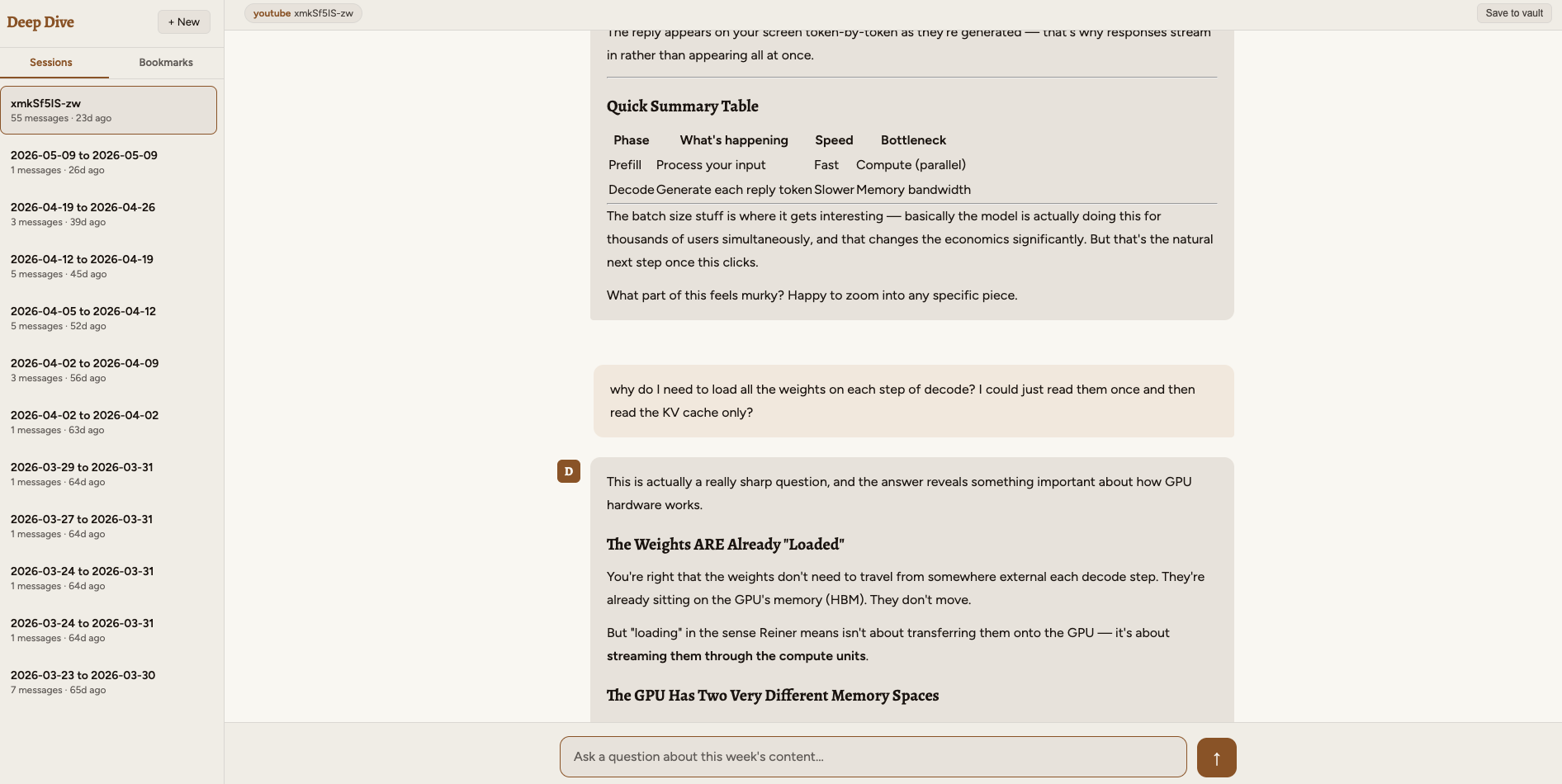 Deep Dive - a summary with a quick-reference table, then a back-and-forth to dig into the detail
