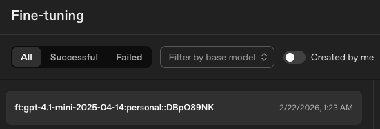 The fine-tuned model in OpenAI's dashboard - a gpt-4.1-mini job trained on my own labelled SMS
