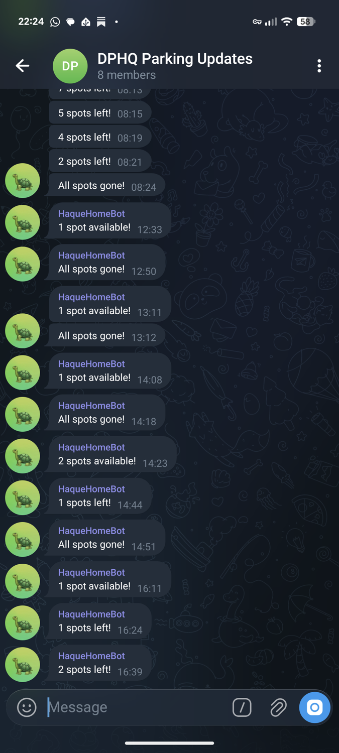 The parking group on Telegram - the bot posting when spots free up and fill again