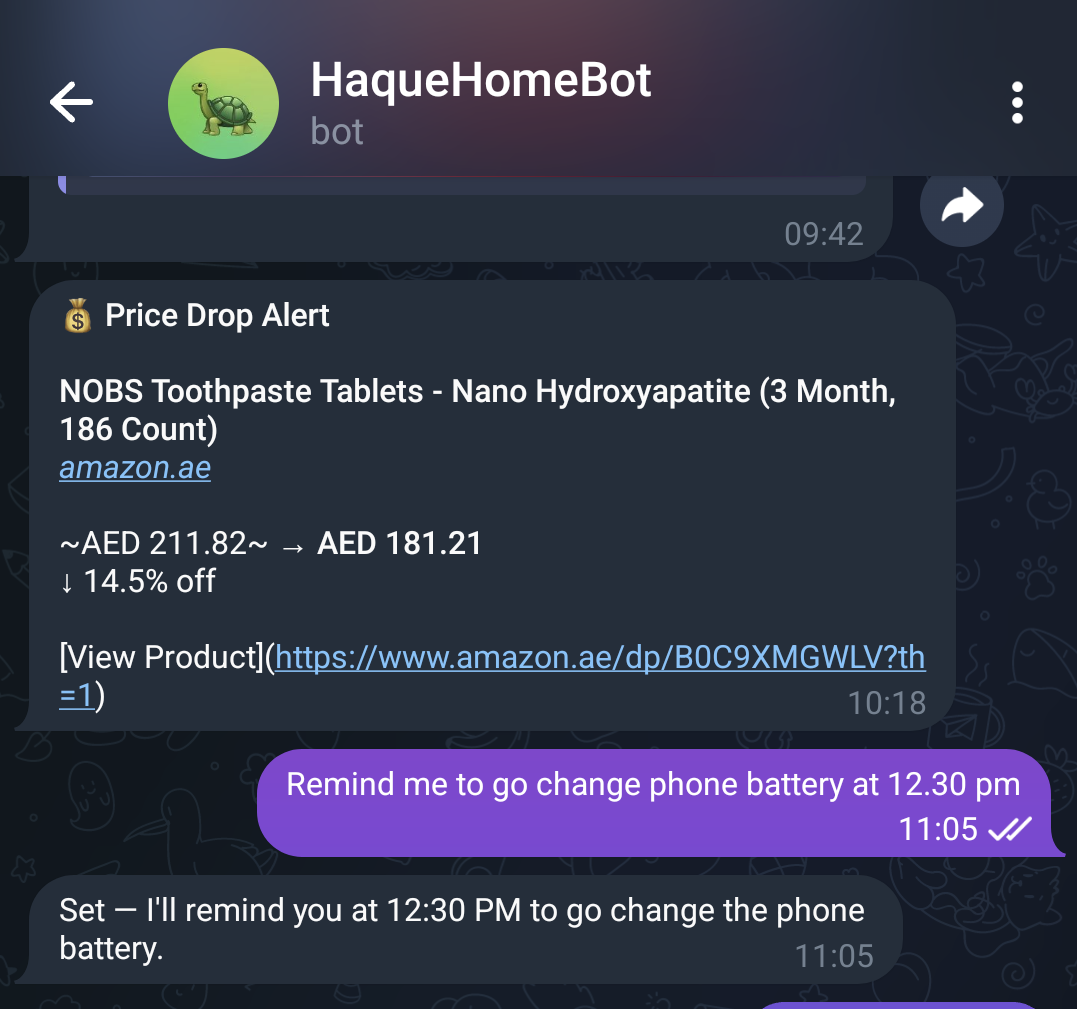 Telegram assistant - a price-drop alert, and setting a reminder by message