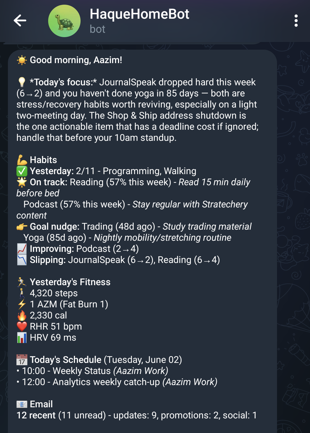 Telegram assistant - the morning briefing: focus, habits, fitness and the day's schedule