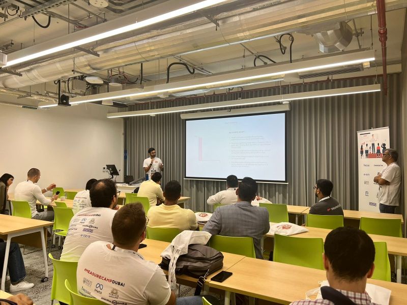 Aazim presenting a slide on automated marketing mix modelling at MeasureCamp Dubai